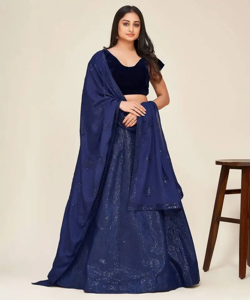 Blue sequins embroidered two tone tapeta silk designer lehenga dress