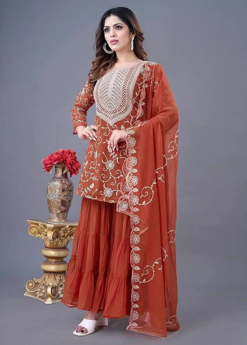 Heavy georgette embroidery work top with sharara dupatta