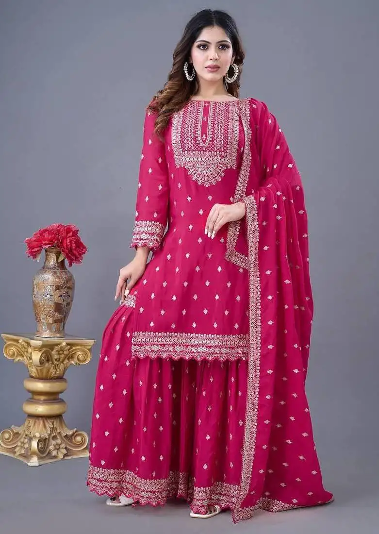 Heavy chinon silk with heavy embroidery sequence work top with sharara dupatta