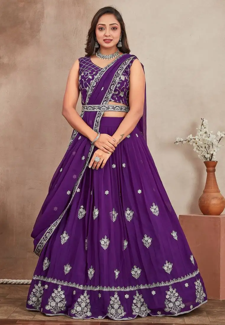 Purple sequins and thread embroidered georgette lehenga dress