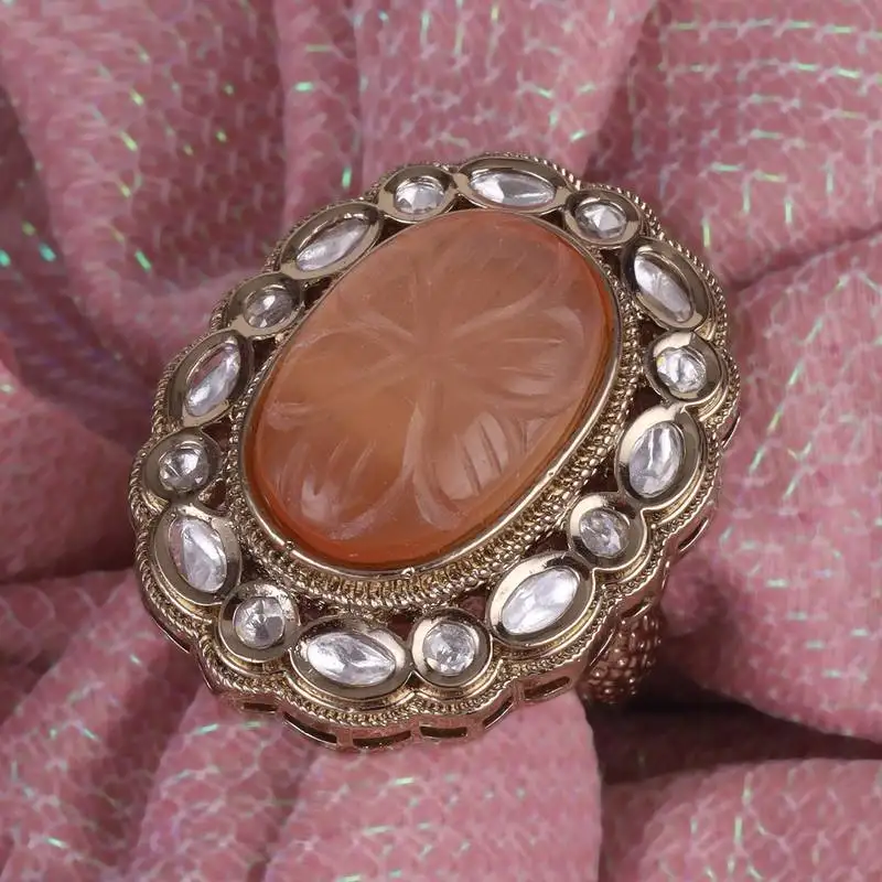 Designer round shape gold plated adjustable finger ring for women and girls