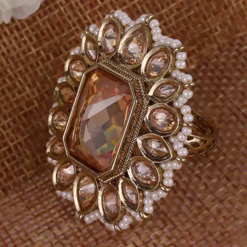 Elegant square and oval shape gold plated adjustable finger ring for women and girls