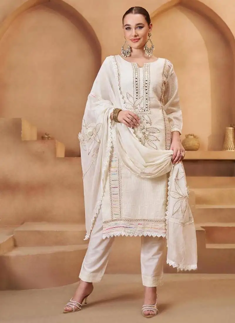 Off white pure bombay cotton semi stitched mirror & thread work suits