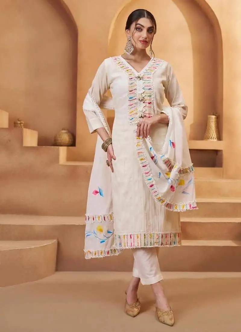 Off white cotton mirror & thread work suits semi stitched