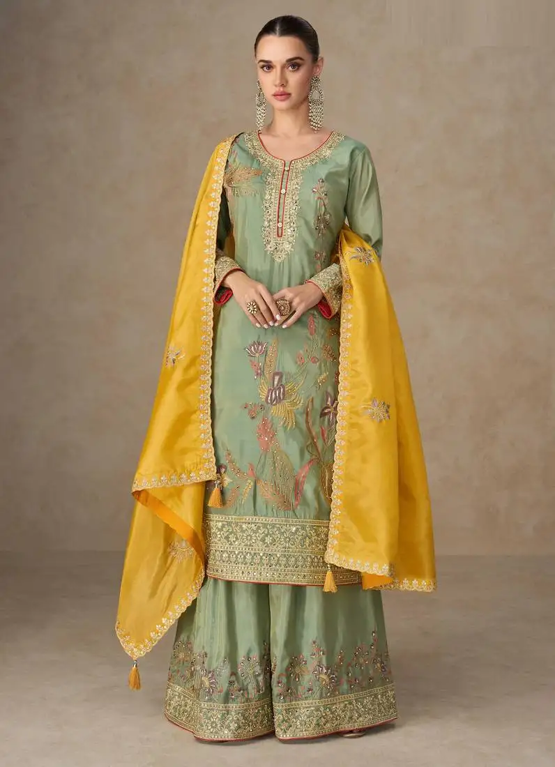 Green thraed embroidery & sequins work simar silk straight palazzo suit - free size stitching (size upto 42") stitched