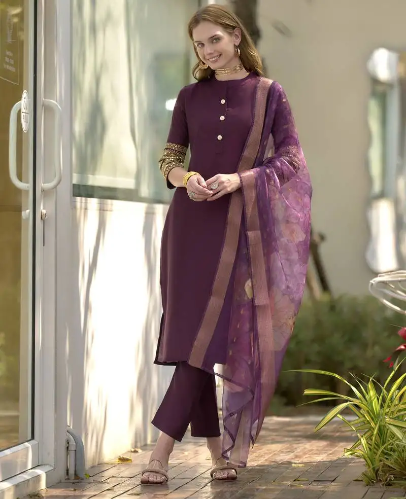 Roman with mandarin collar party wear kurti set