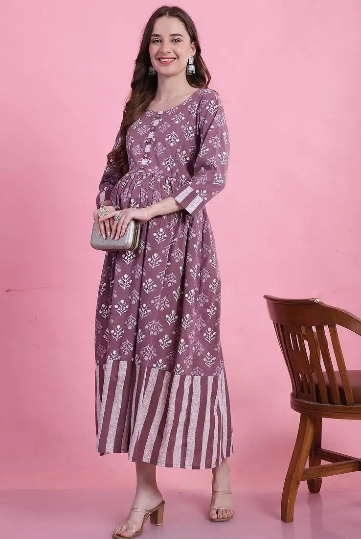 Women's cotton jaipuri printed maternity gown with zipper