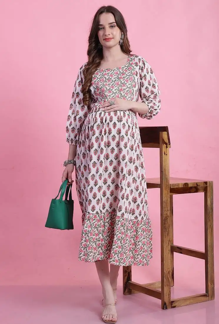 Women's pure cotton jaipuri printed maternity gown with zipper