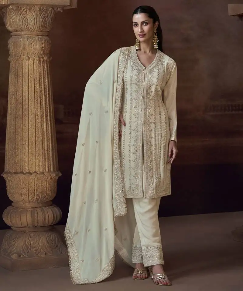 Ivory chinon silk free size upto 44 full stitched suits semi stitched