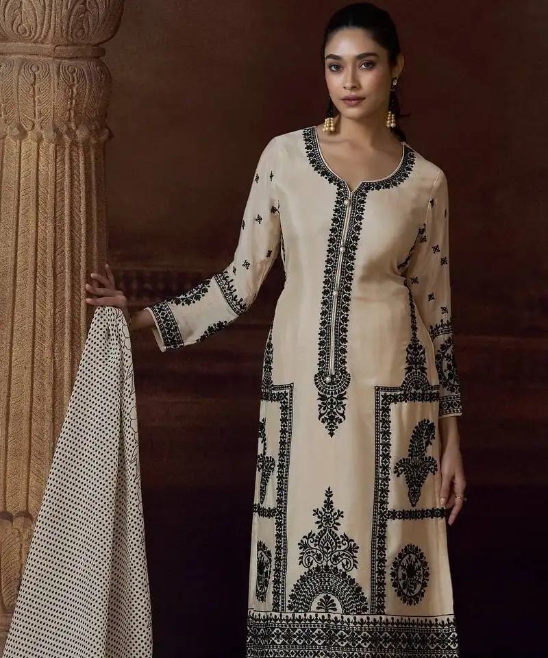 Cream chinon silk free size upto 44 full stitched suits semi stitched