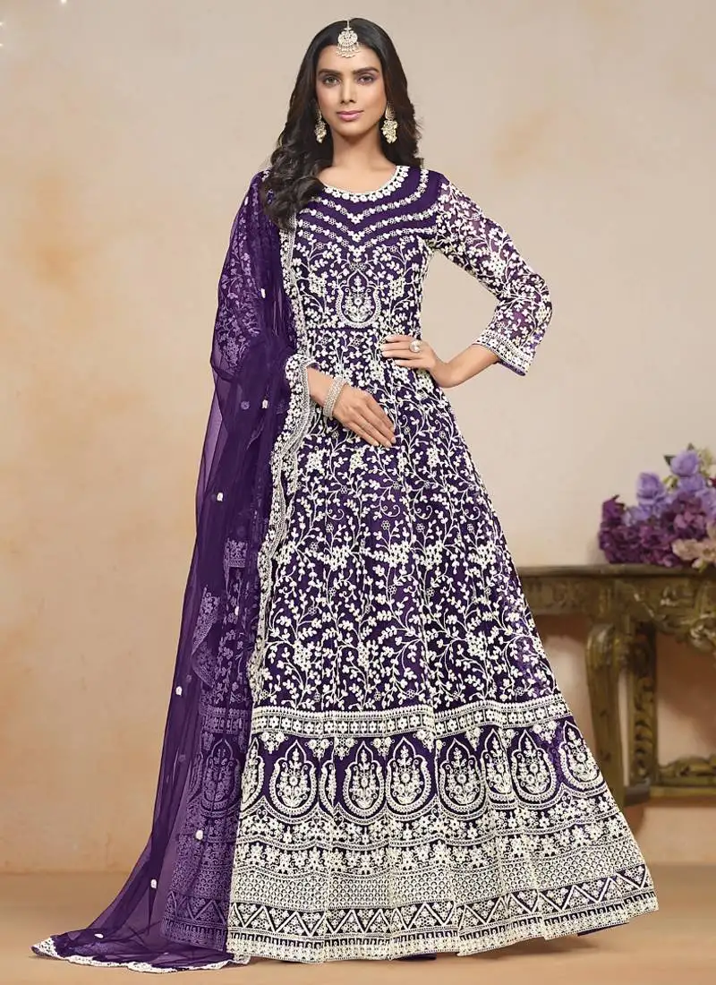 Violet net embroidered designer anarkali suit semi stitched