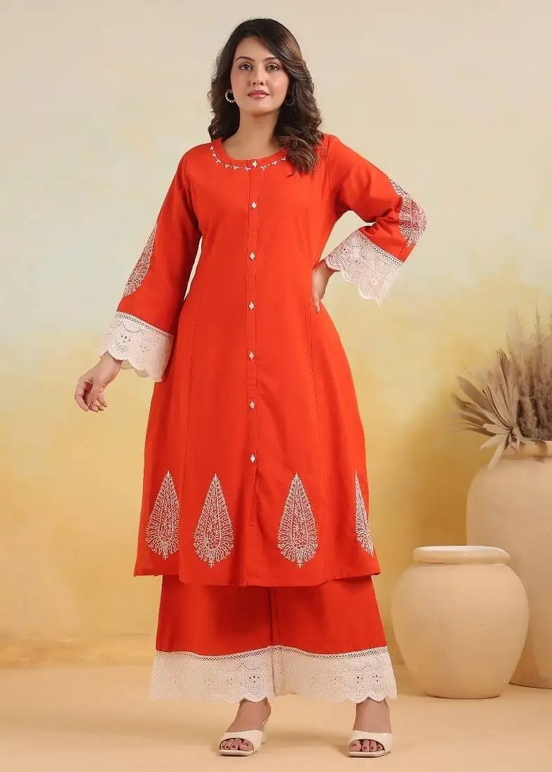 Crimson orange embroidered cotton kurta sets