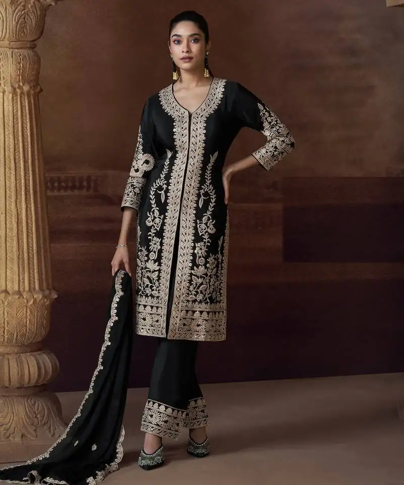 Black chinon silk free size upto 44 full stitched suits semi stitched