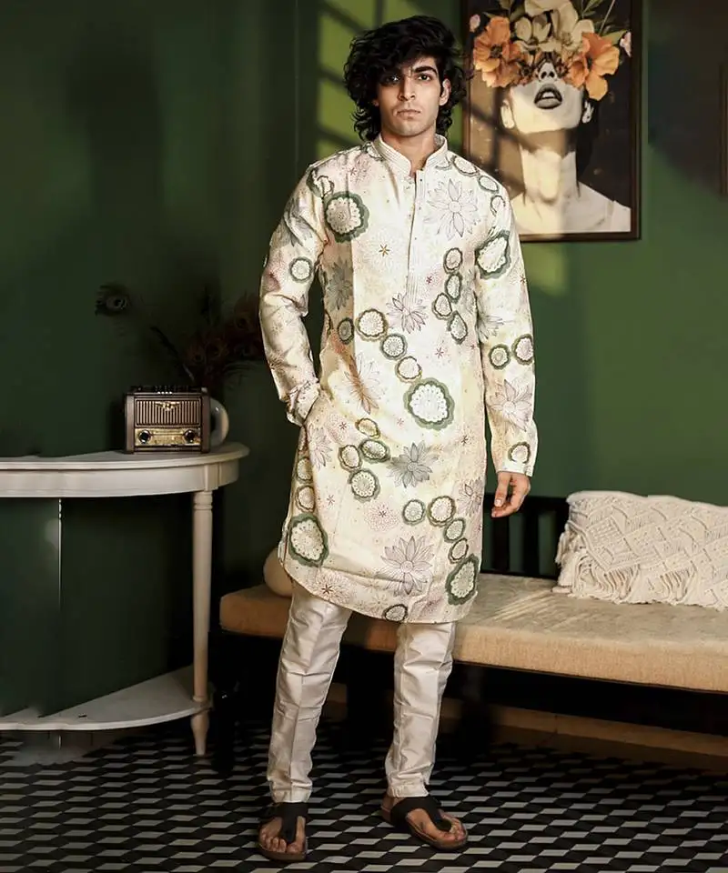 White cotton silk printed kurta pajama
