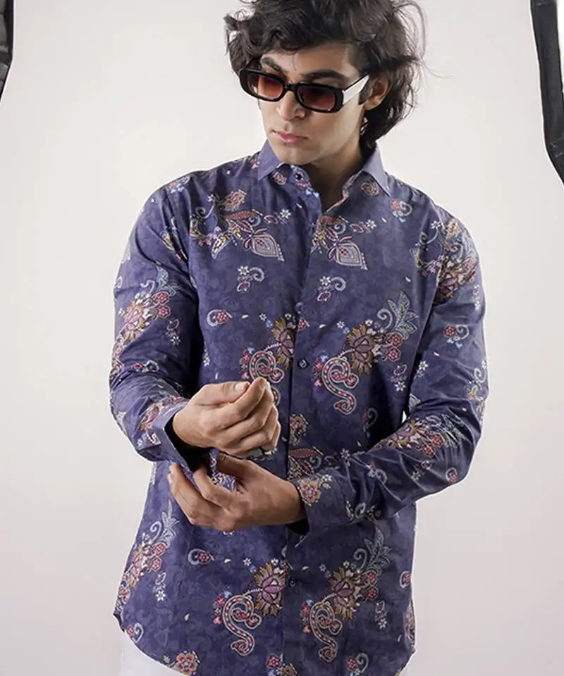 Blue floral printed cotton shirt
