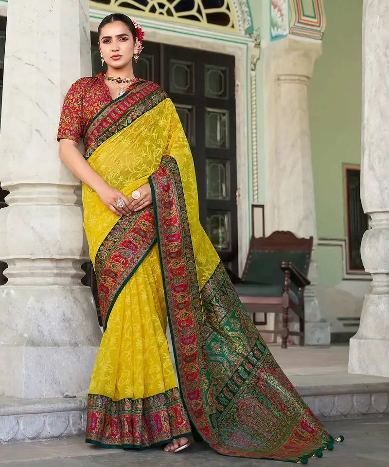 Yellow poly viscose georgette lucknowi chikankari work saree