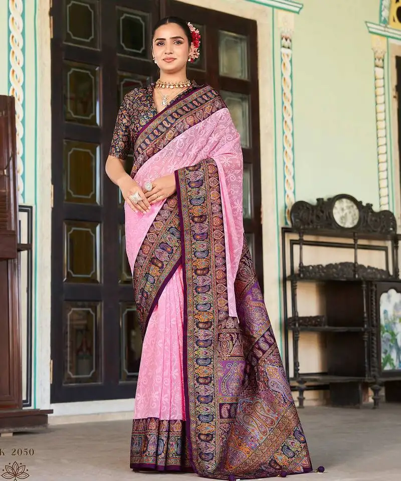 Baby pink poly viscose georgette lucknowi chikankari work saree