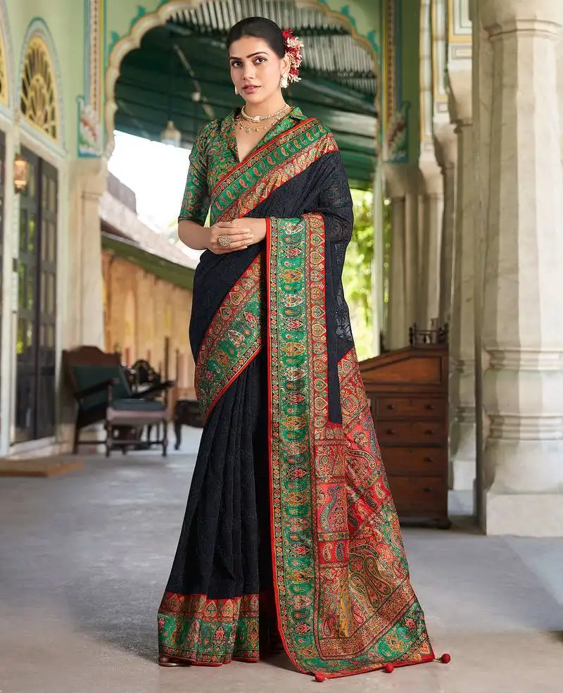 Black poly viscose georgette lucknowi chikankari work saree