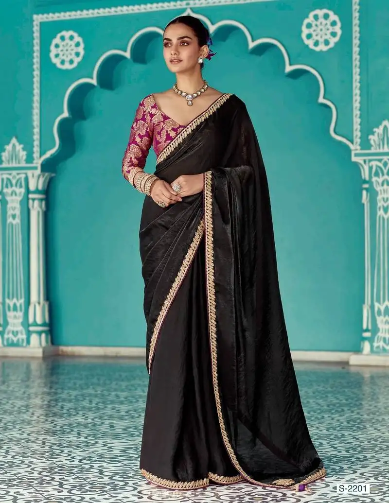 Black embroidered saree with jacquard work blouse piece