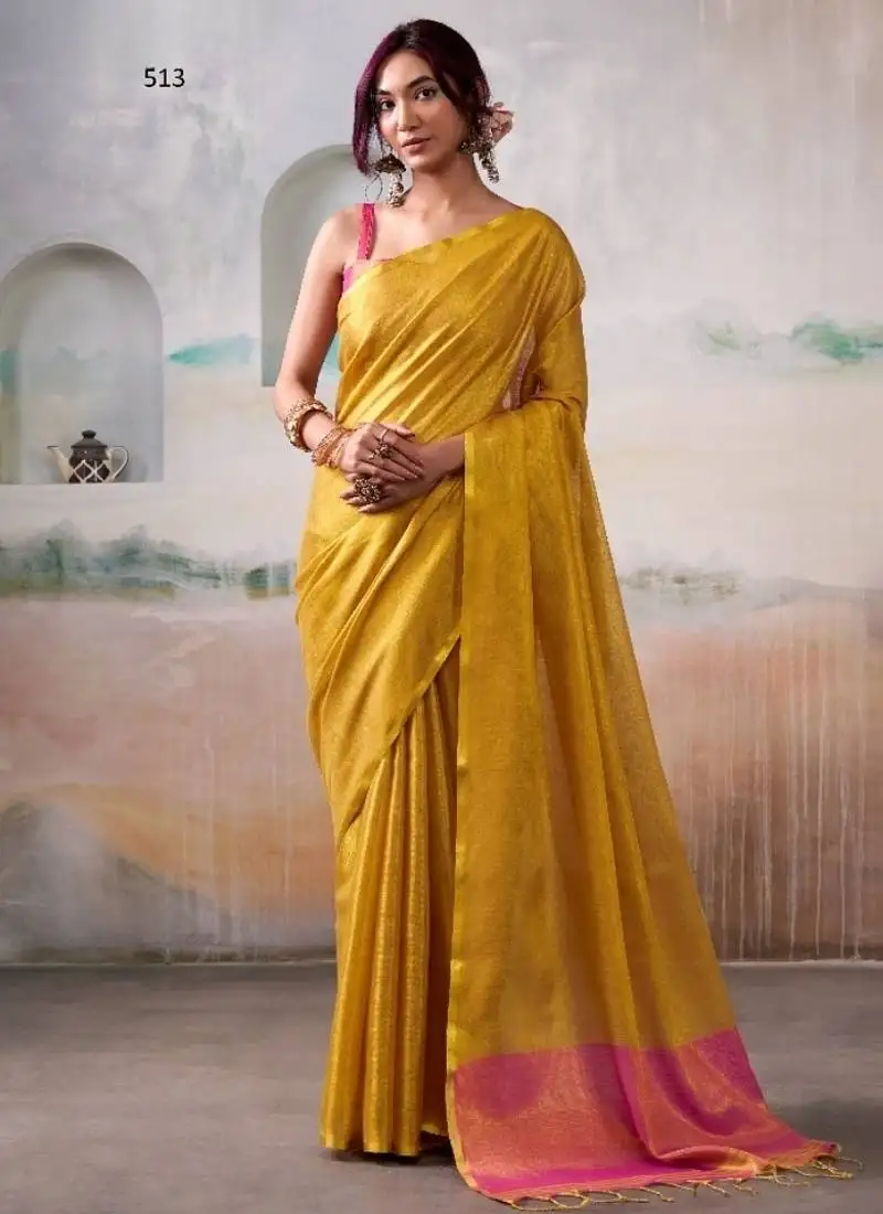 Yellow handloom tissue silk self woven plain saree