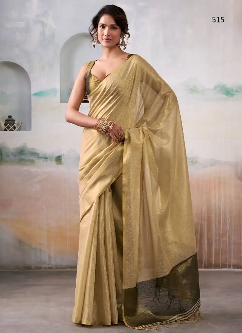 Beige handloom tissue silk self woven plain saree