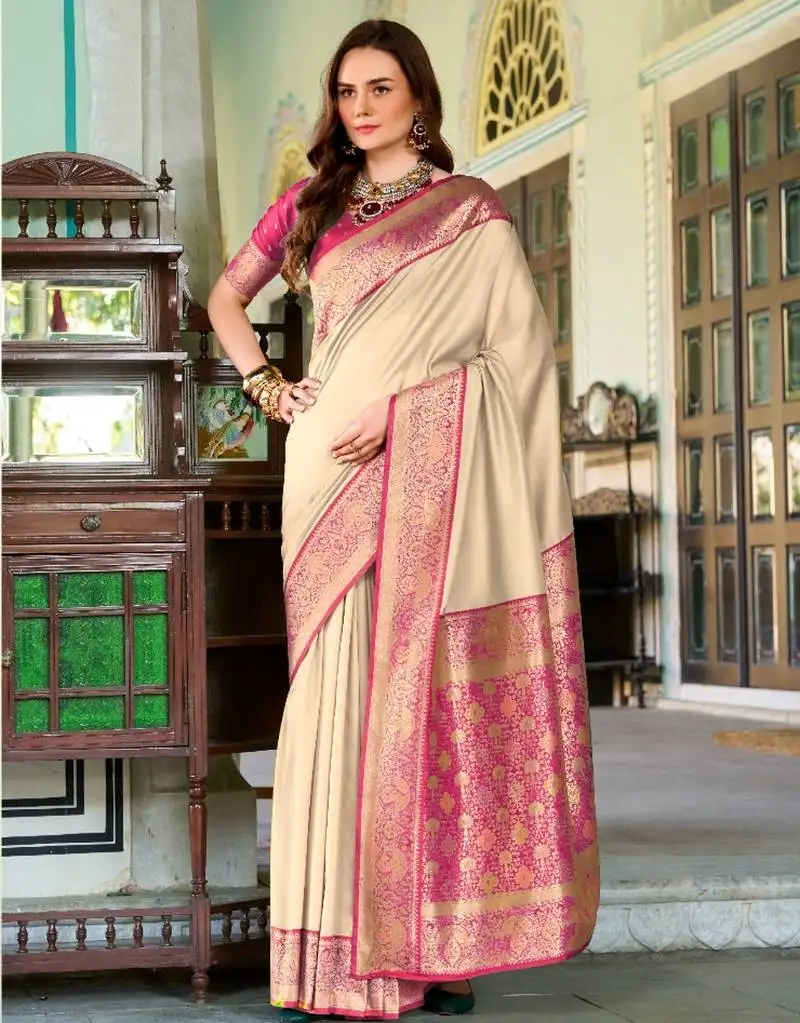 Beige silk blend zari weaving saree with blouse piece
