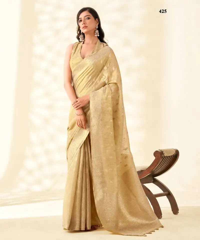 Beige silk blend tissue linen zari weaving saree with blouse