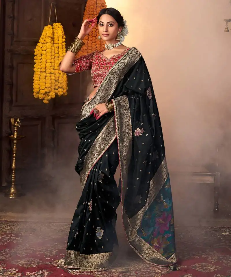Black silk blend zari weaving saree with embroidered blouse piece