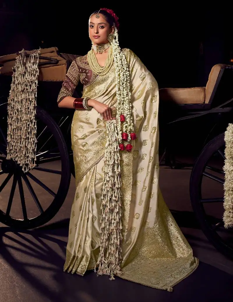 Beige viscose tissue handworked pallu saree with embroidered blouse piece