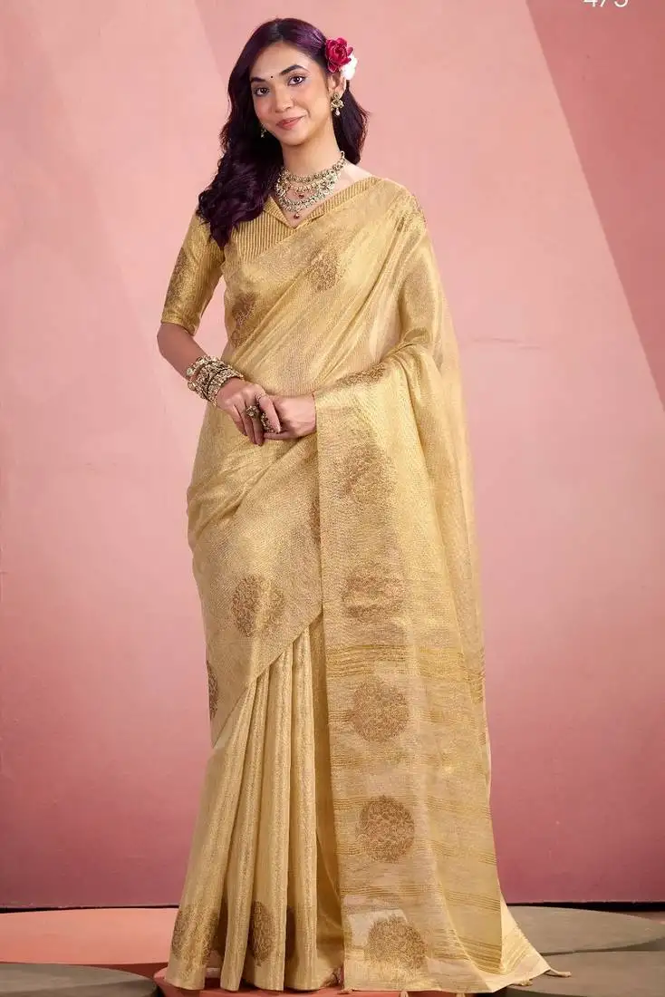 Beige silk blend tissue zari weaving saree with blouse piece