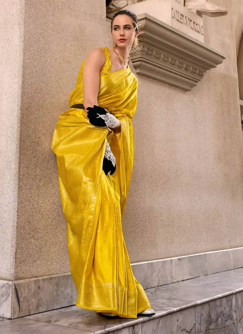 Yellow silk blend tissue zari weaving saree with blouse piece