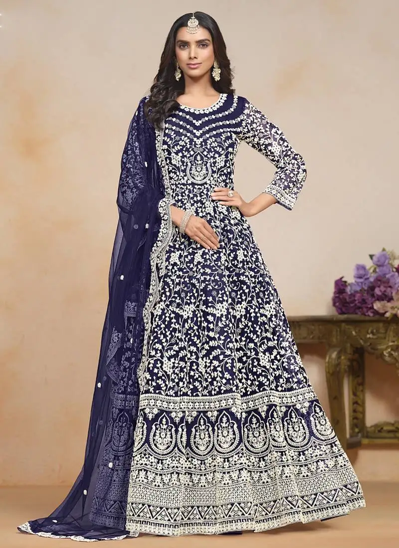 Blue net embroidered designer anarkali suit semi stitched