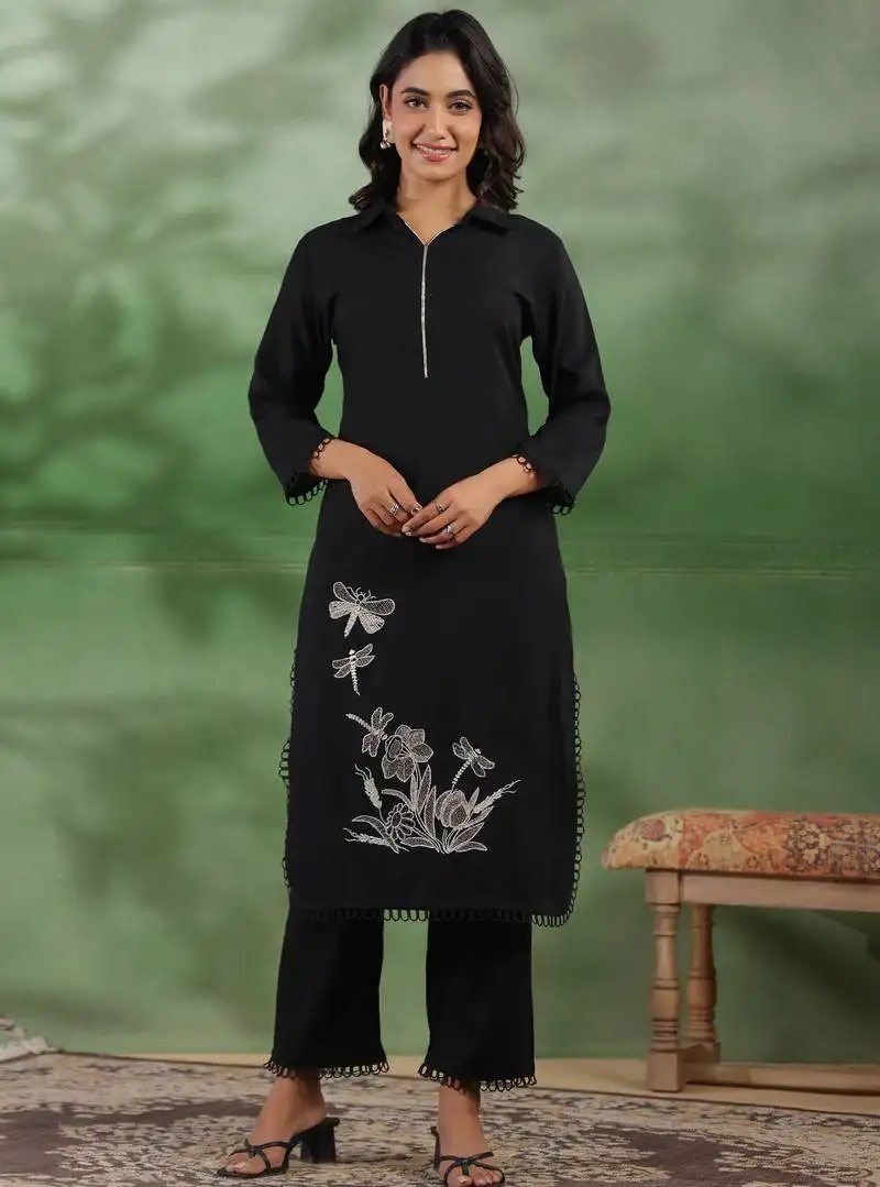 Jade black embroidered cotton kurta sets