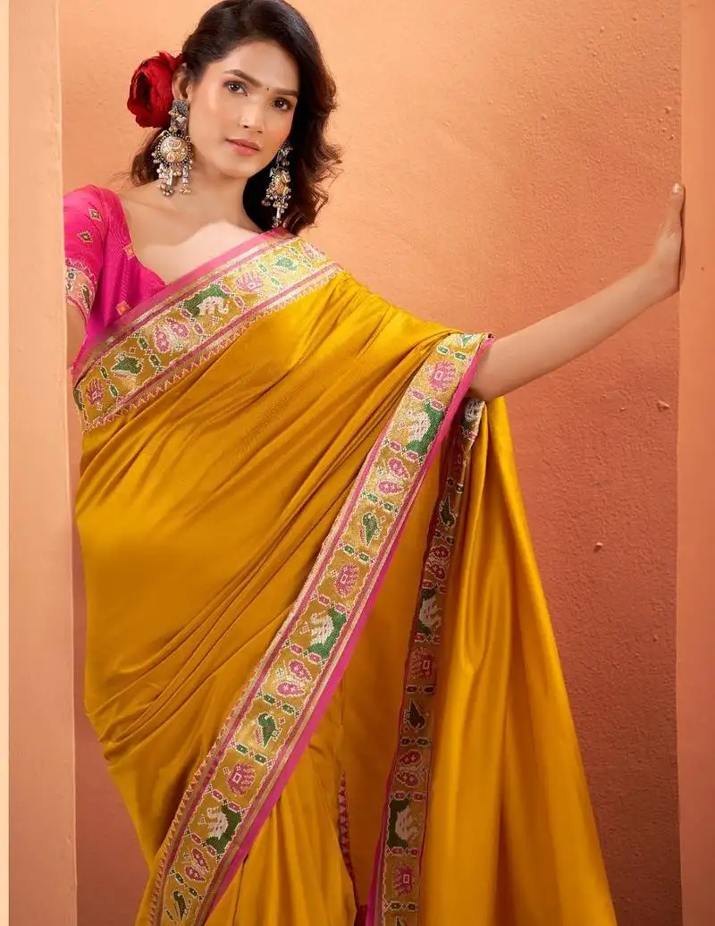 Yellow silk blend zari weaving patola saree with blouse