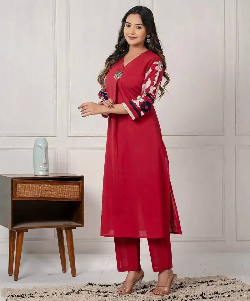 Cardinal red embroidered cotton kurta sets
