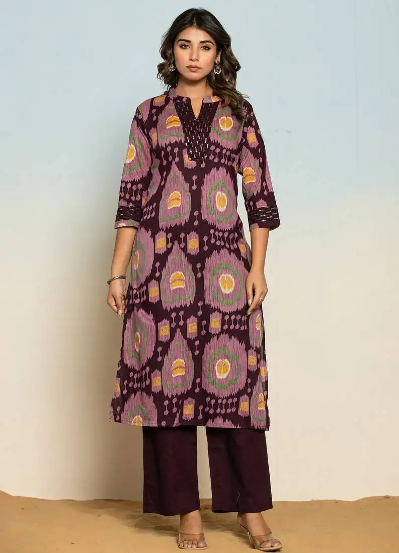 Chestnut purple printed cotton kurta sets