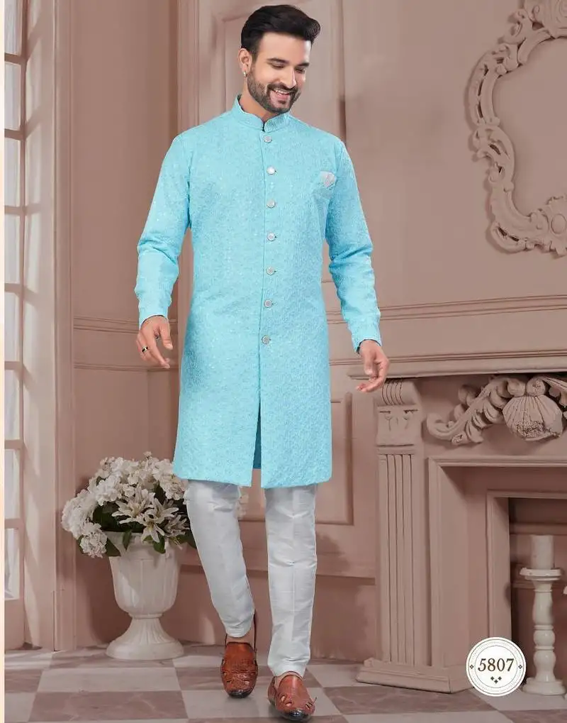 Full ckicken kari computer embroidery indowestern sherwani set with fancy botton