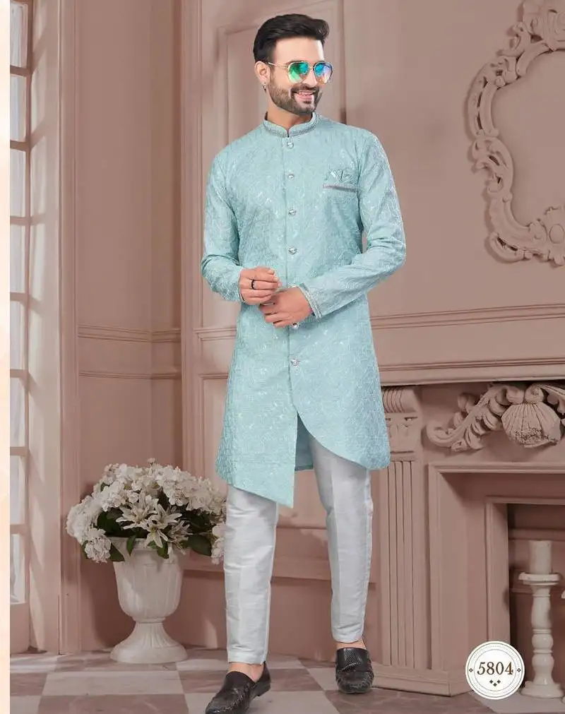 Full computer embroidered with silver thread indowestern sherwani set