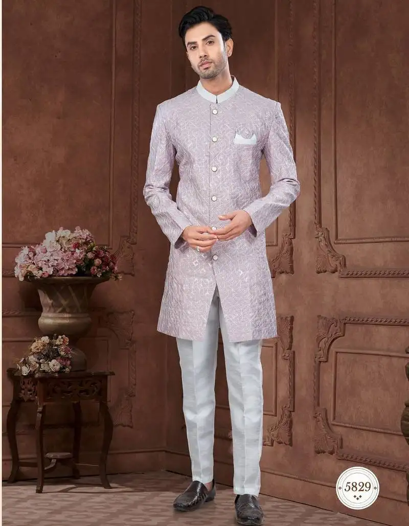 Full computer embroidery with silver thread indowestern sherwani set with thread, stone work & fancy botton