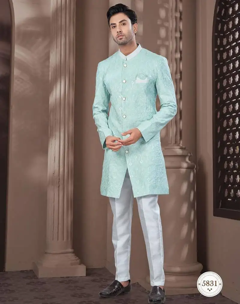 Full computer embroidered with silver thread indowestern sherwani set with thread, stone work & fancy botton