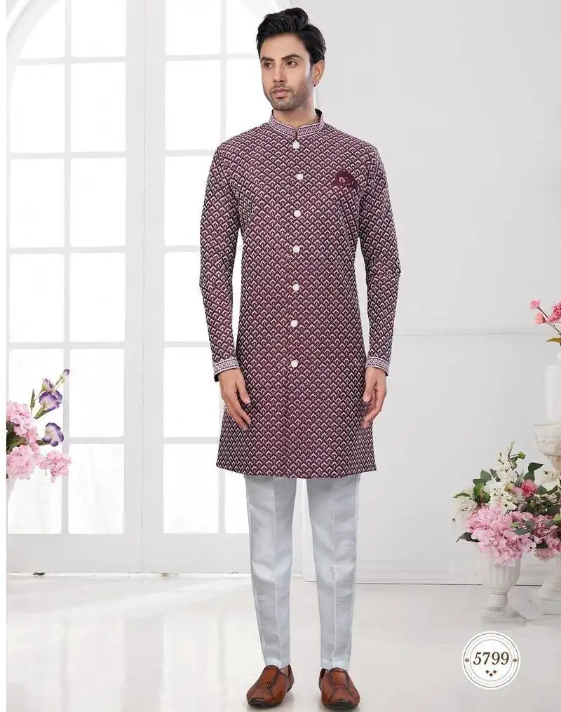 Full computer embroidery, indowestern sherwani set with star, thread, stonework & fancy botton