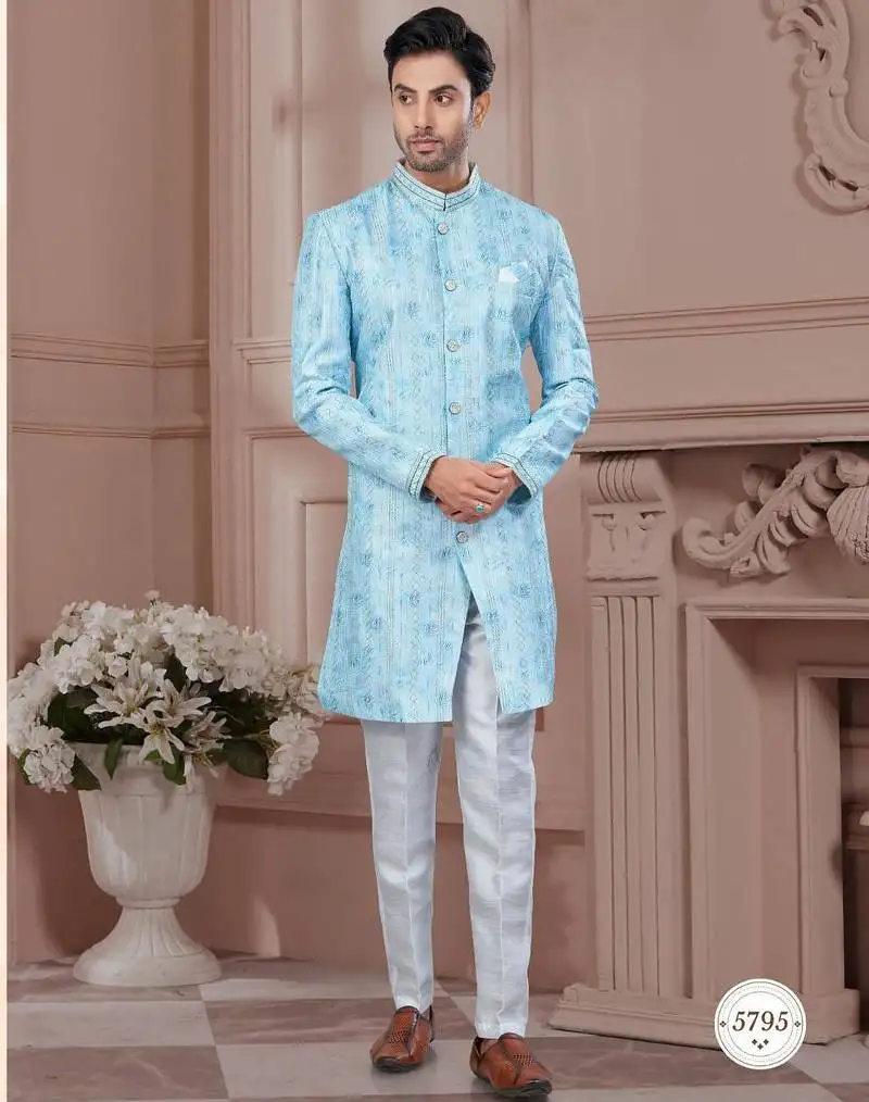 Full computer embroidery, with degital printed indowestern sherwani set with thread, stone work & fancy botton