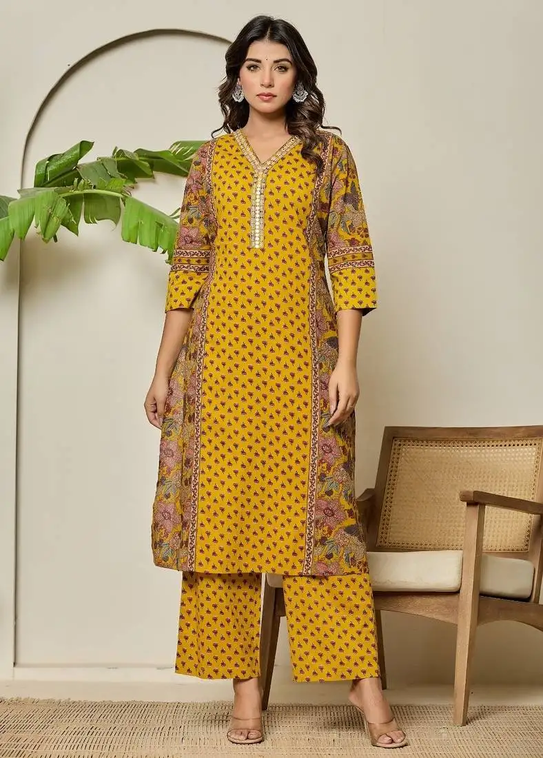 Corn light yellow printed cotton kurta sets