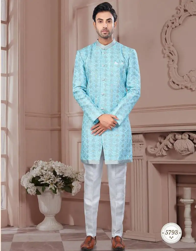 Full computer embroidery, with sheded degital printed indowestern sherwani set with thread, stonework &fancy botton