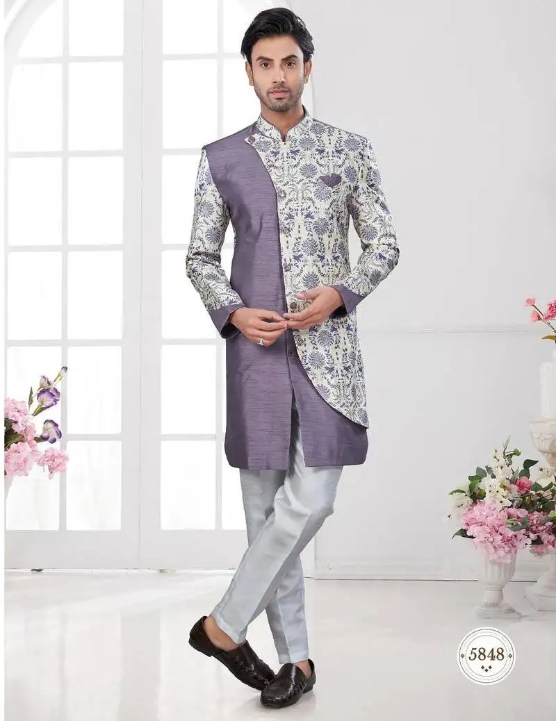 Havy ancale cross style attached indowestern set with degital printed, thread and stone work with fancy botton