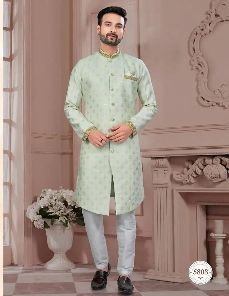 Havy jackard with seqence stone and thread zari & less work with fancy botton sherwani set