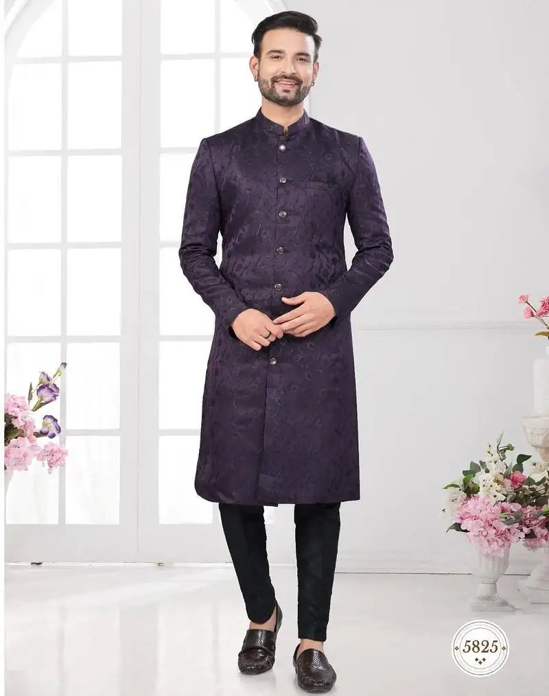 Purple indowestern sherwani set with fancy button (nawabi)