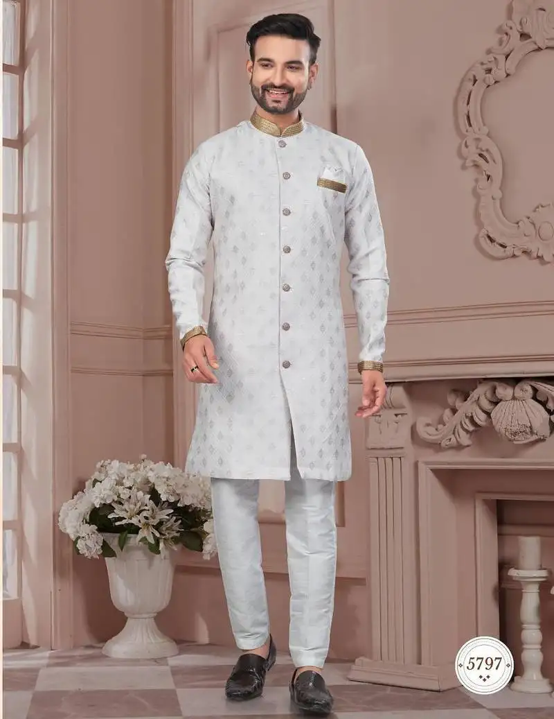 Havy jackard with seqence stone and thread zari work with fancy botton sherwani set