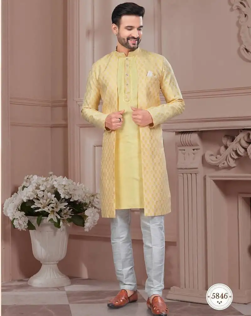 Havy open jacket style attached indowestern set with thread and stone work with potali botton