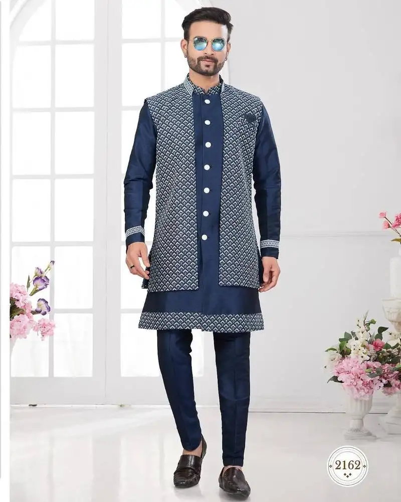 Open jacket with full embroidery work indowestern pajama set